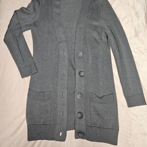 Women's Long Gray Button-Front Cardigan with Patch Pockets